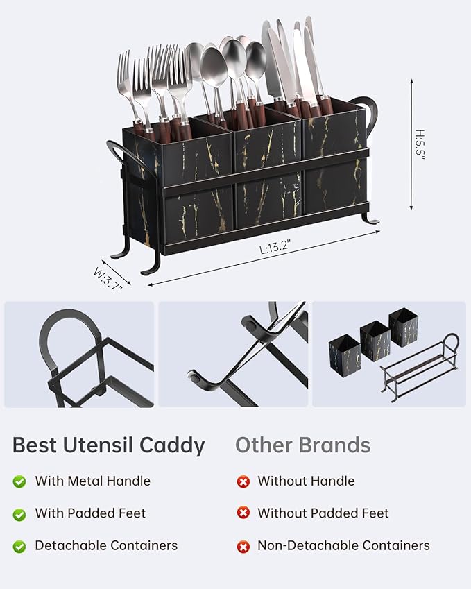 Classic Farmhouse Kitchen Organizer - Exquisite Black Gold Marble Metal Silverware Caddy, 3 Spacious Compartments, Ideal for Cutlery, Cooking Tools & More-NeatNest