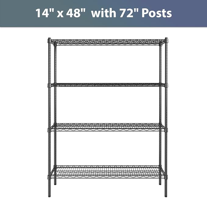 14" x 48" NSF Black Epoxy 4-Shelf Kit with 72" Posts, Commercial Storage Rack Unit, Heavy Duty Storage Shelving, Wire Shelving Kit, Adjustable Rack Strong Steel, Multipurpose Wire Shelf