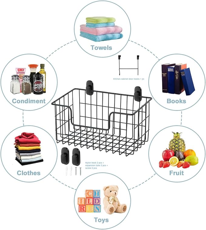 Wire Storage Basket 2 Packs, Wall Mounted Kitchen Bathroom, Hanging Cabinet Door Storage Basket, no Drilling, Supporting 2 Types of Hooks, Strong Bearing, Suitable for Home, Black