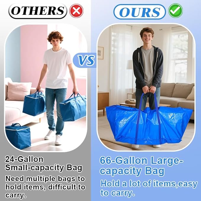 66 Gallon Extra Large Moving Bags - Heavy Duty Storage Bags with Zipper & Strong Handles, Blue Packing Bag for Moving, Storage, Travel and Camping, College Dorm & Home Supplies, 2 Pcs