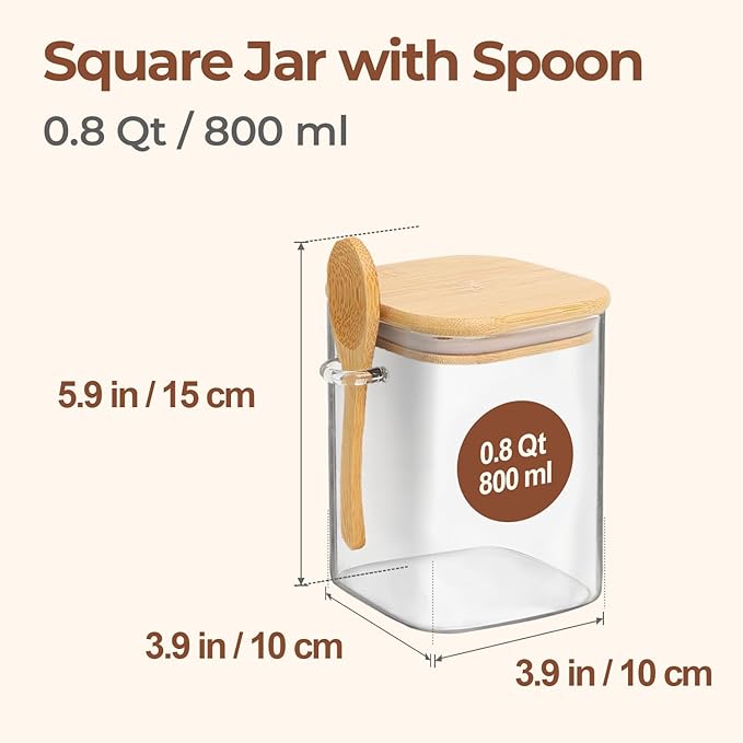ComSaf 0.8 Qt Glass Jars with Bamboo Lids & Spoons Set of 4, Square Glass Containers with Lids, Sugar Coffee Containers Salt Spice Jars, Pantry Storage Container for Loose Tea, Candy, Brown Sugar, Nut-NeatNest