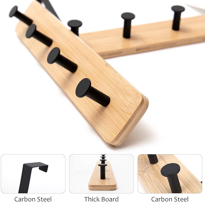 Badiano Over The Door Hook Hanger, Bamboo Coat Rack with 5 Metal Hooks, Wood Clothes Organizer for Coat, Towels, Bags, Robes (Black)