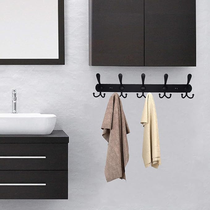 Coat Rack Wall Mounted,5 Tri Stainless Steel Coat Hook for Coat Hat Robes Towel in Mudroom Entryway (Black, 2 Pack 5 Hook)-NeatNest