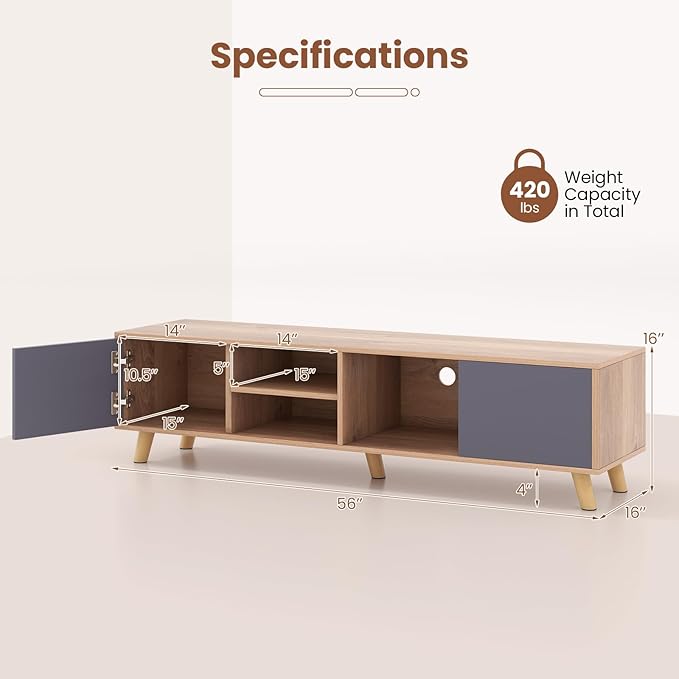 Tangkula TV Stand for TVs up to 65 Inch, Media Entertainment Center with 2 Doors, Open Shelves, TV Console Table with 3 Cable Management Holes, TV Cabinet for Living Room (Natural + Gray, for 65" TV)-NeatNest