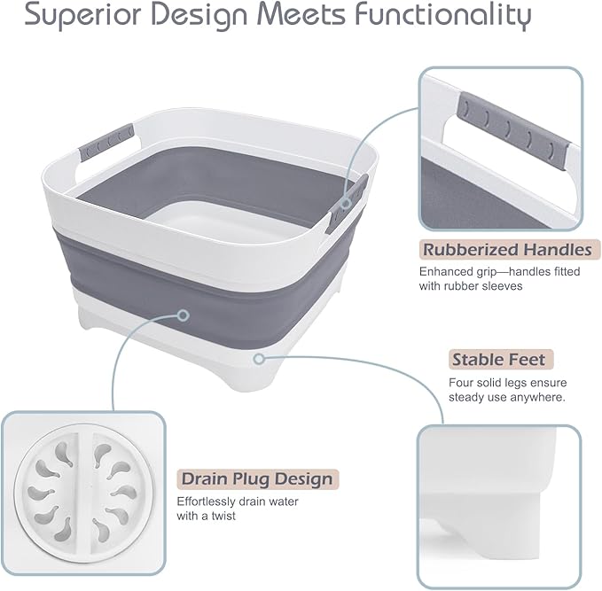 2.4 Gal Collapsible Wash Basin with Drain Plug, Space-Saving Portable Wash Tub, 9L Dish Pan for Soaking Baby Bottles and Pump Parts, Versatile Dish tub for Kitchen, RV, Outdoor Camping Sink (Gray)-NeatNest