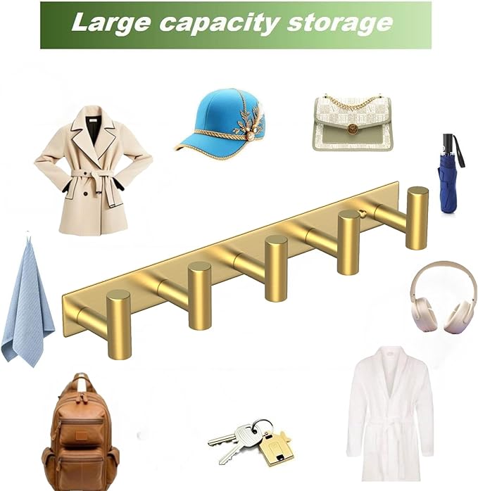 Wall Mounted Coat Rack-5 Hooks, Heavy Duty Stainless Steel Hook Rail for Towel Coat Hat Purse Bag Jacket, Towel Hooks for Entryway Bathroom Kitchen (Gold 5 Hooks - 1 Pack)-NeatNest