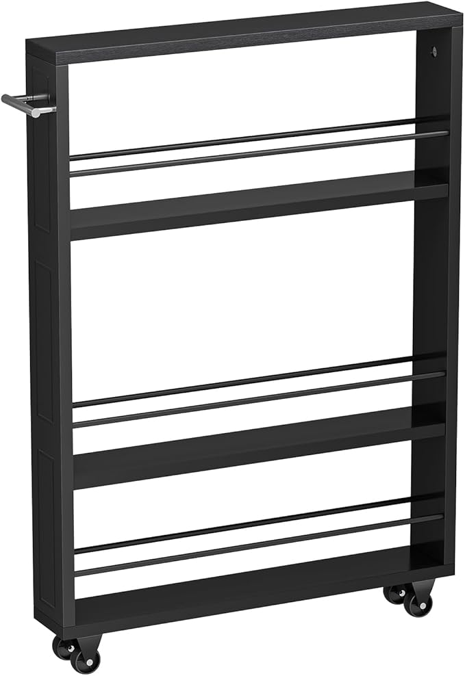 KLM Rolling Storage Cart 4-Tier Black Kitchen Cart with Wheels, Slim Storage Cart with Handle Slide Out Utility Cart Shelving Unit Organizer Trolley for Laundry Narrow Places Bathroom Small Corner