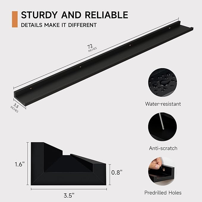Floating Picture Ledge Shelves for Wall Set of 2, 72 Inches Picture Ledge Shelf with Long Large Nursery Book Shelf for Toys Storage Kids Bookshelf Wall Mounted Living Room Bedroom Decor Frames, Black-NeatNest