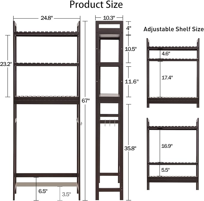 HITOMEN Over The Toilet Storage Cabinet, Bamboo Adjustable 3-Tier Above Toilet Shelf, Stable Freestanding Above Toilet Organizer with 3 Hooks for Bathroom Restroom Laundry Balcony, Dark Brown 67" H
