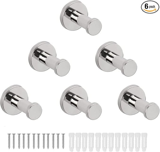 Bathroom Towel Hooks, 6 Pack Round Coat Hooks, Sturdy Wall Mounted Robe Hook, SUS 304 Stainless Steel Heavy Duty Clothes Hanger, Wall Towel Hooks for Bathroom Bedroom Kitchen (Chrome)