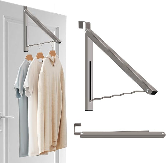 2 Pcs Grey Over The Door Hanger Organizer Drying Rack Collapsible Retractable Clothes Drying Rack Space Saver for Hanging Clothes Towels Bathrooms, Carbon Steel Material