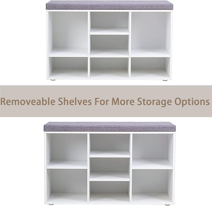 DINZI LVJ Shoe Storage Bench with Cushion, Cubby Shoe Rack with 9 Cubbies, Adjustable Shelves, Multifunctional Shoe Organizer Bench for Entryway, Mudroom, Hallway, Closet and Garage, White-NeatNest