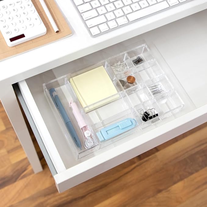 Isaac Jacobs 12-Compartment Clear Acrylic Drawer Organizer (9.4" L x 6.4" W x 1.3" H), Multi-Sectional Tray & Storage Solution for Makeup, School & Office Supplies, Bathroom, Kitchen-NeatNest