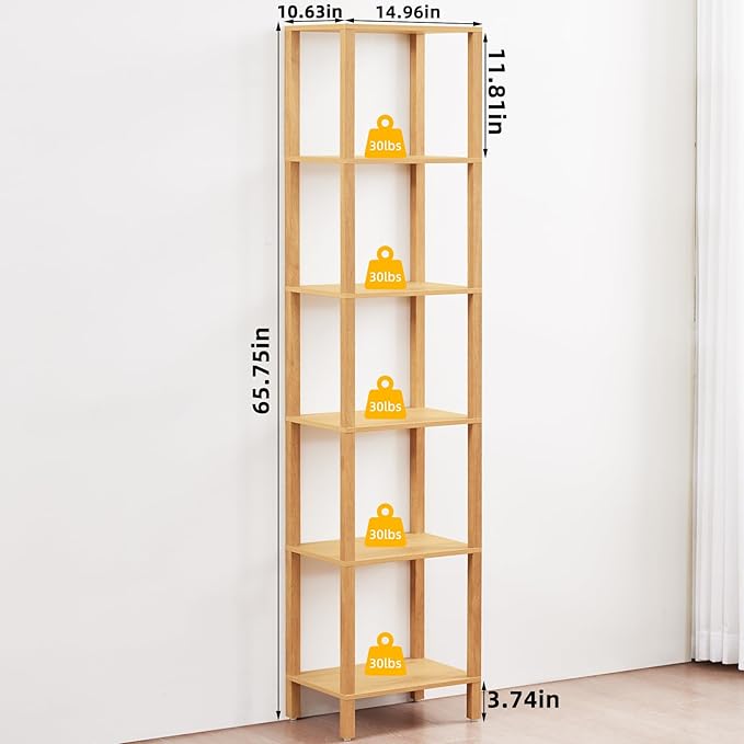 66in Tall Bookshelf 6-Tier Small Narrow Bookcase, Skinny Book Shelf for Small Space, Farmhouse Slim Shelf with Storage, Wood Freestanding Display Thin Bookshelves for Living Room, Natural