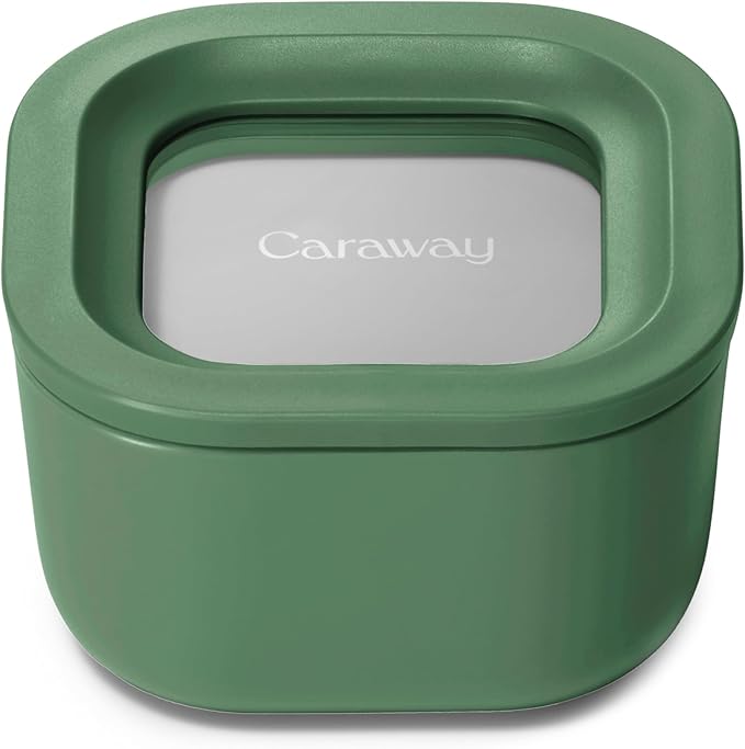 Caraway Mini Square Food Storage Container - 1.75 Cup Glass Storage Container for Food - Non-Toxic Ceramic-Coated Glass - Air Release Technology - Compact & Stackable Design - Sage-NeatNest