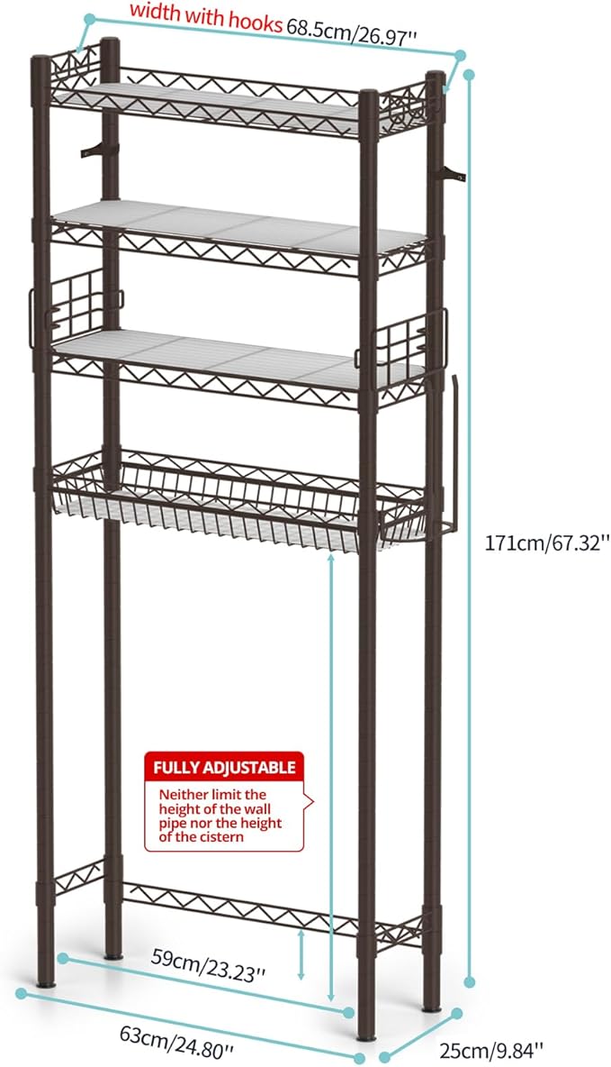 4-Tier Over Toilet Storage Shelf, Bathroom Organizer With Adjustable Freestanding Shelves, Space Saver Rack Above Toilet, Espresso