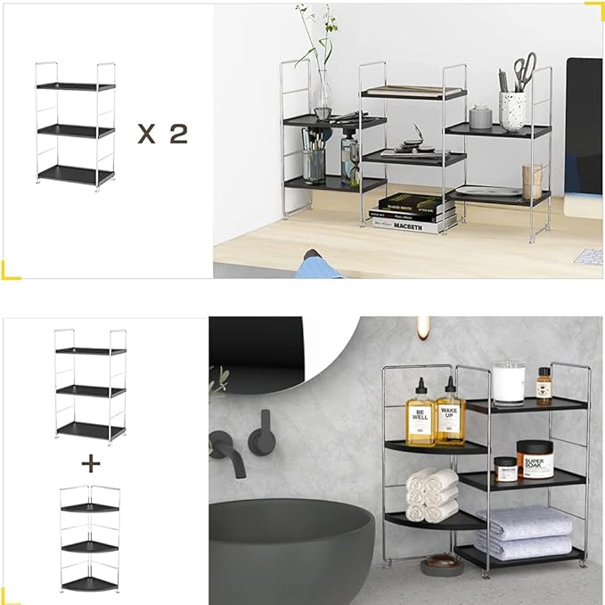 3-Tier Bathroom Countertop Organizer -Makeup Organizer -Corner Storage Shelf- Kitchen Spice Rack Standing Shelf-Great for Vanity, Bathroom, Bedroom, Kitchen (Silver&Black)-NeatNest