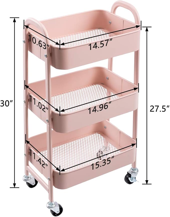 AGTEK Makeup Cart, Movable Rolling Organizer Cart, 3 Tier Metal Utility Cart, Rosiness-NeatNest