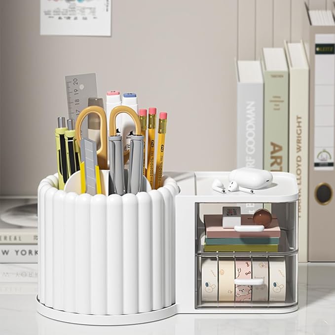 Makeup Organizer Countertop,360 Rotating Makeup Brush Holder with 2 Drawer Organizer, Small Preppy Kids Desk Organizer|9.25x5.11inch|White-NeatNest