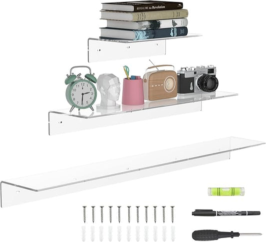 Acrylic Wall Shelves 36 24 12 Inches, Clear Floating Shelf for Wall, Wall Mounted Display Shelves for Plants, Radio, Funko Pop, Stuffed Animal, Books, Clock, Cosmetics, Toiletries-NeatNest