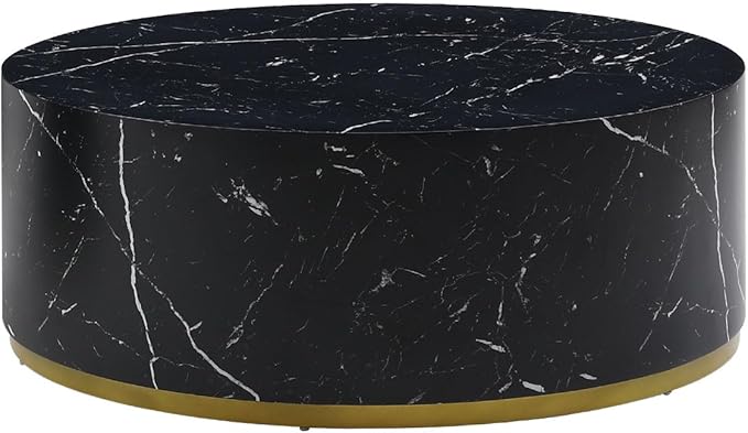 kevinplus Round Black Coffee Table Side Table End Table for Living Room, Drum Circle Wood Coffee Table Modern Contemporary Coffee Table for Apartment, Marble Grain, Black & Gold (ø35.4'' x 13.7'')