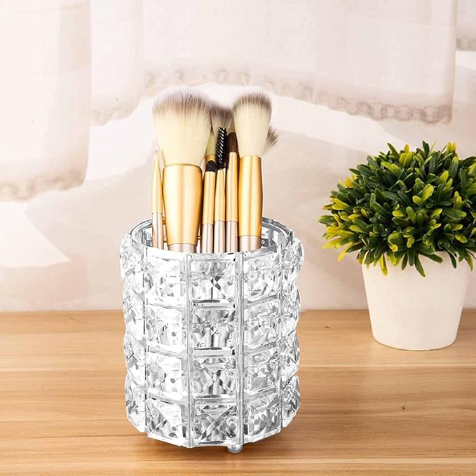 AKOAK 1 Pack Crystal Makeup Brush Holder Office Supplies Storage Rack Eyebrow Pencil/Lipstick/Pencil Makeup Container, Dressing Table, Bedroom, Office (Silver)-NeatNest