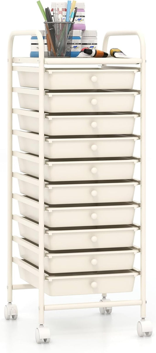 Giantex 10-Drawer Storage Cart w/Universal Wheel, Rolling Cart w/Handle, Home Organizer Storage Unit w/Removable Drawers, Trolley Utility Cart for Kitchen Makeup Living Room Office Play Room, Ivory