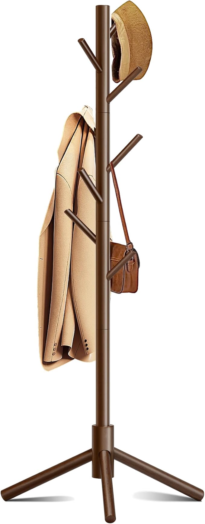 Wooden Coat Rack, Free Standing Coat Rack with 8 Hooks 3 Adjustable Heights for Clothes, Hats, Handbags, Coat Tree Easy Assembly for Entryway, Bedroom, Hallway, Office (New Brown)-NeatNest