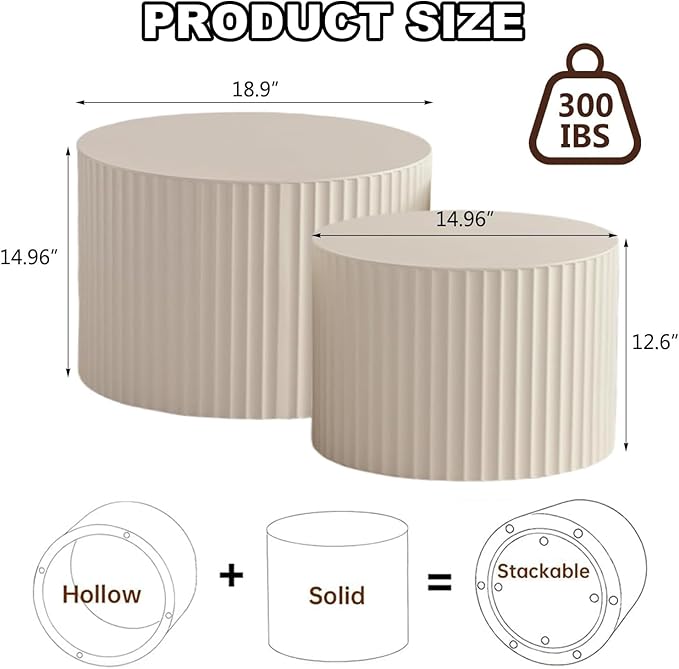 Round Nesting Coffee Table Set of 2, Modern Coffee and End Table Set Small Circle Wooden Drum Side Table Accent End Tables for Living Room Office, No Assembly,Cream Small