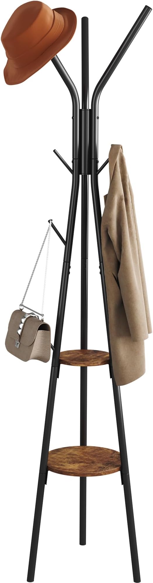 HOMEFORT Coat Rack, Coat Hanger Stand with 2 Shelves, Freestanding Hall Tree, Metal Hat Hanger with 12 Hooks for Clothes Hats and Scarves, Black and Rustic Brown,15.7" Wx15.7 Dx72.8H-NeatNest