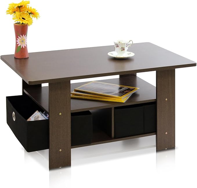 Furinno Coffee Table with Bins, Dark Brown/Black-NeatNest