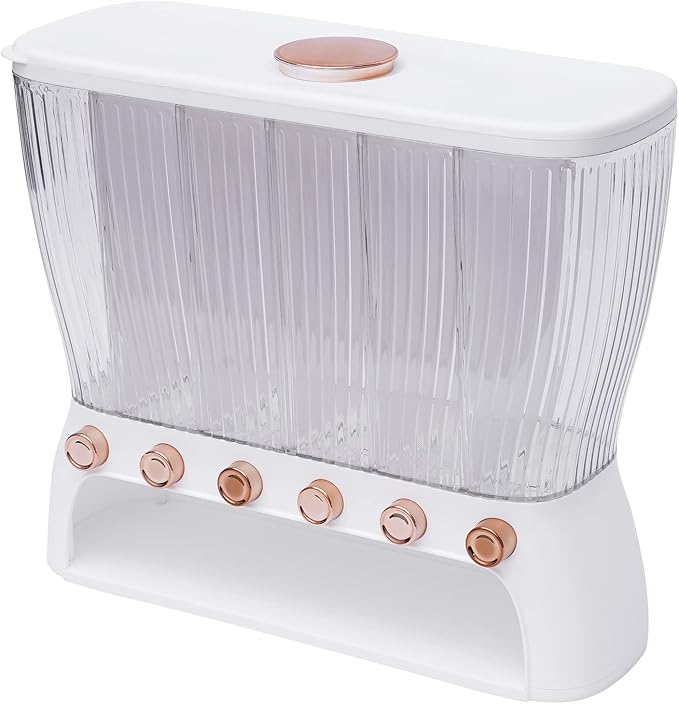 6 Grids Dry Food Dispenser Grain Rice Storage Dispenser with Measuring Cup, 22lbs Sealed Storage Tank for Home Kitchen, Detachable Partition-NeatNest