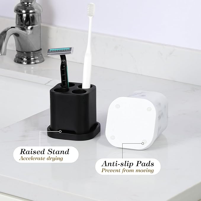Luxspire Toothbrush Holder - 4 Slots, Character Marked, Drainage Hole & Tray, Non-Slip, Electric Toothbrush Head Holder, Toothbrush Holder for Bathroom, Matte Black