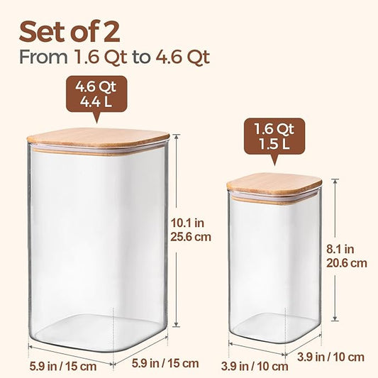 ComSaf Glass Pantry Storage Containers, 4.6Qt/1.6Qt Large Square Flour and Sugar Containers with Airtight Lids, 1.2 Gallon Glass Jars with Bamboo Lids for Rice, Pasta, Cookies, Coffee Beans-NeatNest