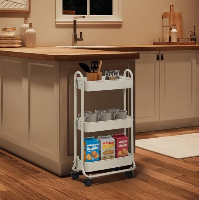 SunnyPoint Slim Rolling Storage Cart, 3 Tier Bathroom Storage Organizer Bathroom, Laundry Utility Cart (White)-NeatNest