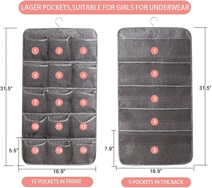 Enlarged Closet Hanging Bra Organizer with Rotating Metal Hanger, Dual Sided Wall Shelf Wardrobe Mesh Pockets Hanging Storage Bag for Bra Socks Underwear Underpants-NeatNest