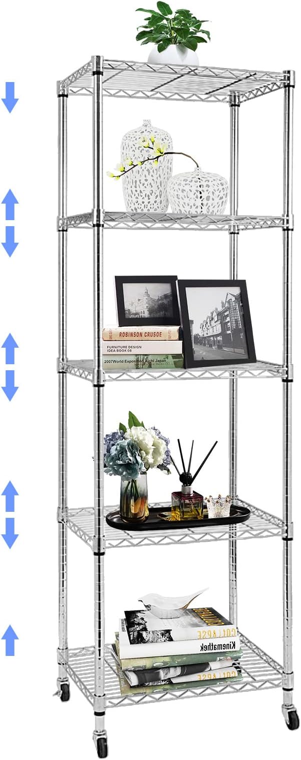 BNSPLY 5 Tier Narrow Wire Shelving Unit with Wheels, Height Adjustable Wire Shelves with NSF Certified, Mobile Metal Storage Rack for Kitchen, Laundry, Bathroom (17.7" D x 23.6" W x 71" H, Chrome)-NeatNest