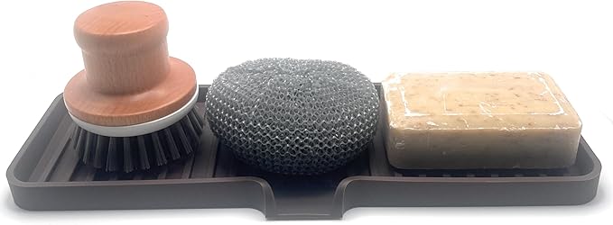 Happitasa Silicone Soap Dish Tray and Sponge Holder with Drain Chute | Bathroom and Kitchen Sink Organizer Caddy (Dark Chocolate, 12"x4", 7.4 Ounces)-NeatNest