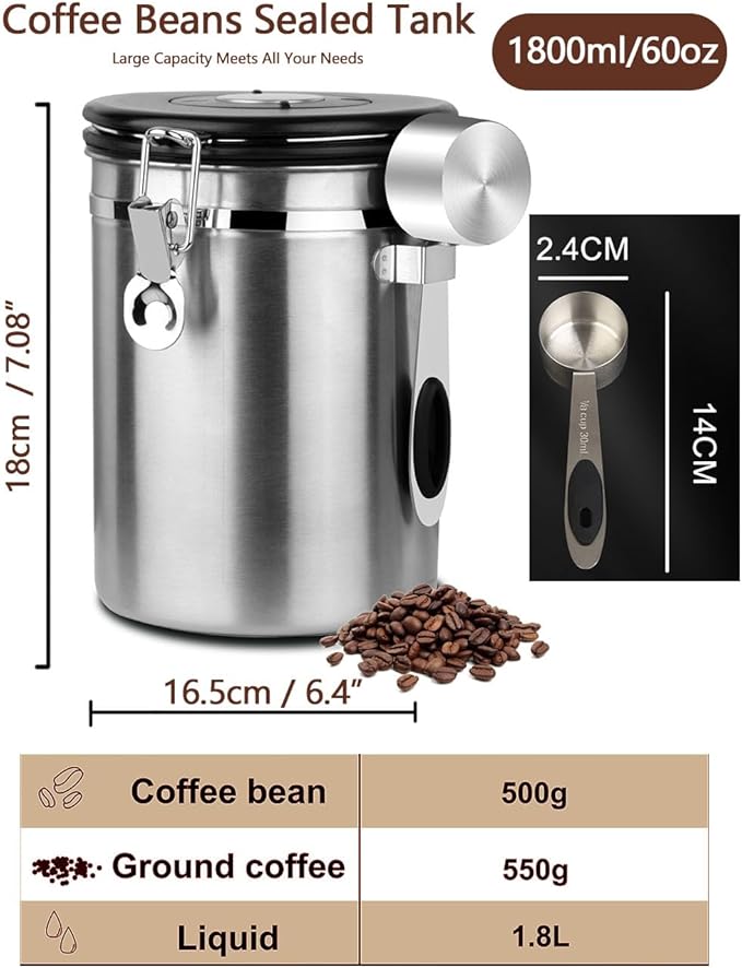 Coffee Canister Airtight Storage Container Stainless Steel Air Tight Coffee Jar with Scoop, Date Tracker CO2 Release Valve for Dry Food, Beans, Ground, Tea, Flour, Cereal and Sugar (1.8L-Silver-2pcs)-NeatNest