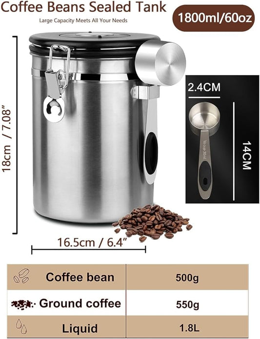 Coffee Canister Airtight Storage Container Stainless Steel Air Tight Coffee Jar with Scoop, Date Tracker CO2 Release Valve for Dry Food, Beans, Ground, Tea, Flour, Cereal and Sugar (1.8L-Silver-2pcs)-NeatNest