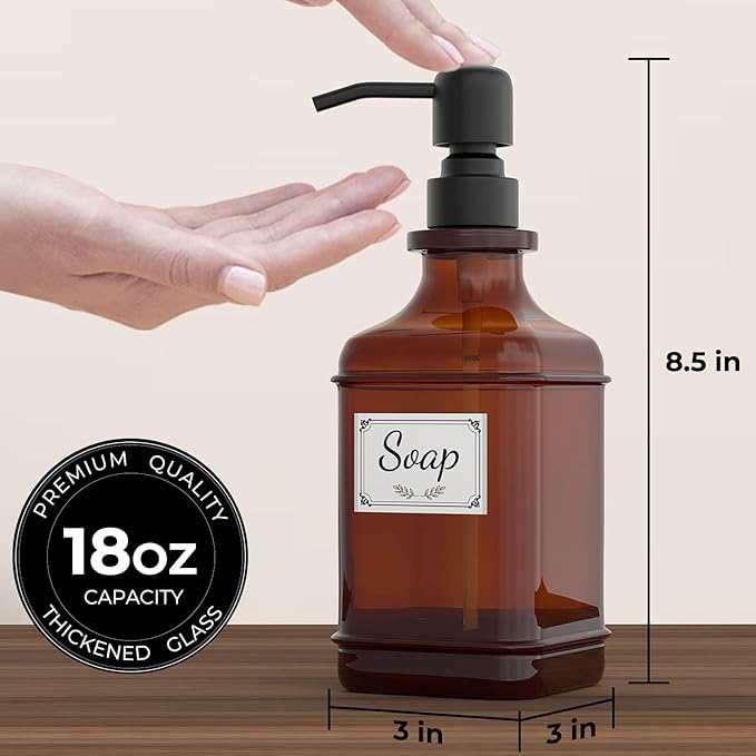 GLADPURE Soap Dispenser 2 Pack, Hand Soap Dispensers with 18 Oz Antique Design Thick Amber Glass Bottle, 316 Rust Proof Stainless Steel Black Pump, 6Pcs Stickers, for Lotion, Soap, Essential Oil-NeatNest