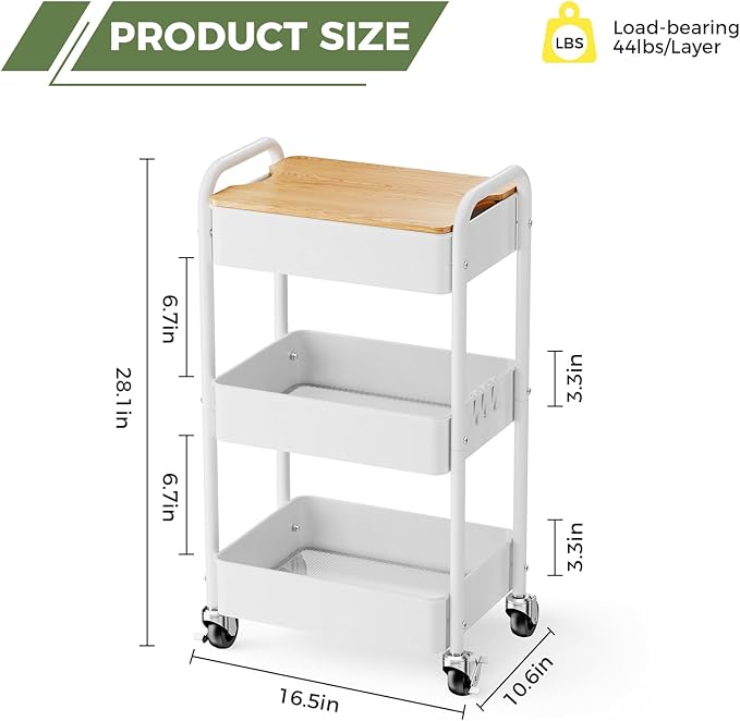 3 Tier Rolling Cart with Table top, Metal Rolling Utility Cart on Wheels, Sturdy Storage Organizer Cart with Hooks for Office, Classroom, Kitchen and Bathroom (White)-NeatNest
