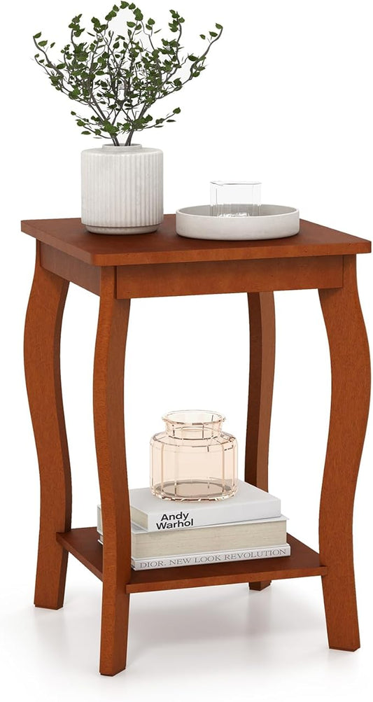 GOFLAME 2-Tier Square End Table, Mid-Century Modern Sofa Side Table with Storage Shelf, Solid Wood Legs, Compact Accent Table, Nightstand for Living Room, Bedroom, Small Space, Walnut