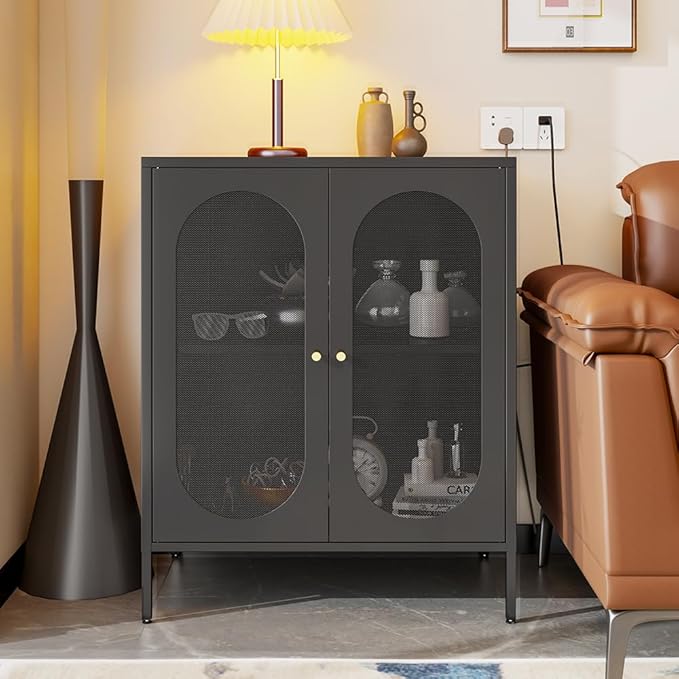 2 Door Metal Mesh Storage Cabinet with 1 Adjustable Shelves-Steel Locker Cabinet for Living Room, Bedroom, Hallway, Office Room, Home, Hotel, Kitchen, Garage, 2-Tier (Mesh Door, Black)