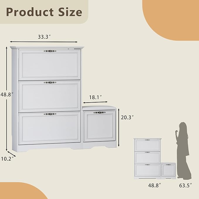 Entryway Shoe Cabinet with Bench, Hidden Storage and Adjustable Shelves, Wooden Shoe Rack and Organizer for Hallway, Mudroom, Closet, Small Apartment
