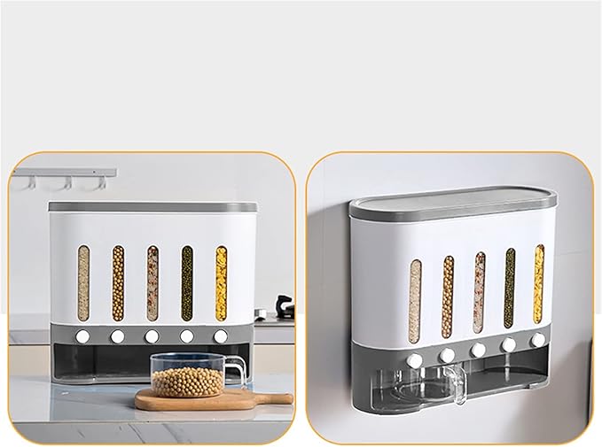 5 Grid Grain Dispenser Rice Dispenser Countertop Multi Cereal Dispenser Wall Mounted Dry Food Dispenser Rice Bucket Grains Storage Container for Rice, Beans, Grains,Dry Food-NeatNest