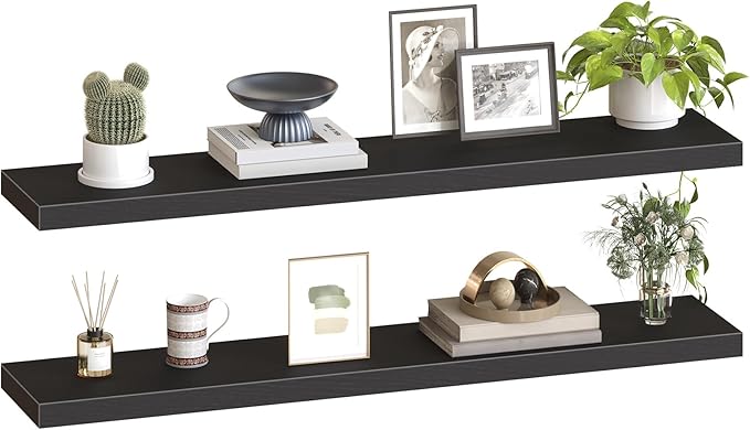HOOBRO Floating Shelves for Wall, Wall Mounted Shelf Set of 2, 55" Hanging Shelf with Invisible Brackets, for Wall in Bathroom, Bedroom, Toilet, Kitchen, Living Room, Office, Black BK140BJP201-NeatNest