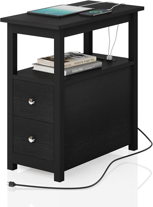 Sandinrayli End Table with Charging Station, Side Table with 2 Drawer & USB Ports & Power Outlets, Nightstand for Small Spaces, Bedside Tables for Living Room Black