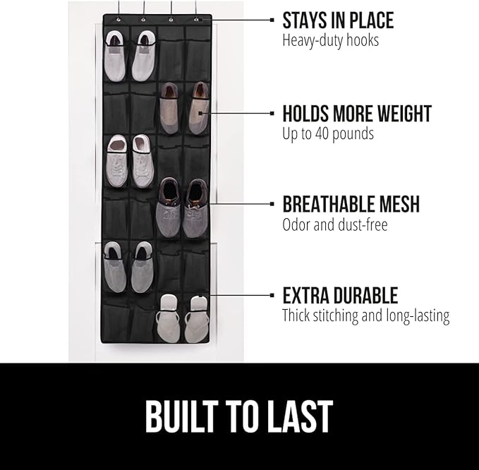 GORILLA GRIP Over the Door Shoe Organizer, 2 Pack, 24 Breathable Mesh Pockets, Space Saving Hanging Storage Holder, Closet Rack Hanger Holds Up to 40 lbs, Hangs on Closets, Shoes, Accessories, Black-NeatNest