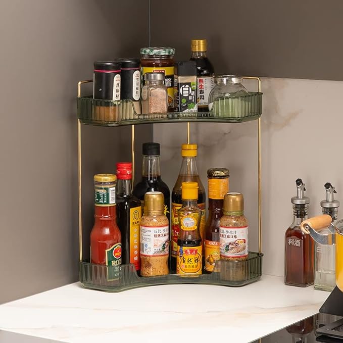 2-Tier Corner Bathroom Counter Organizer – Storage Shelf for Makeup, Perfume & Skincare, Space-Saving Countertop Tray Fits Bathroom, Dresser, Kitchen (Green)